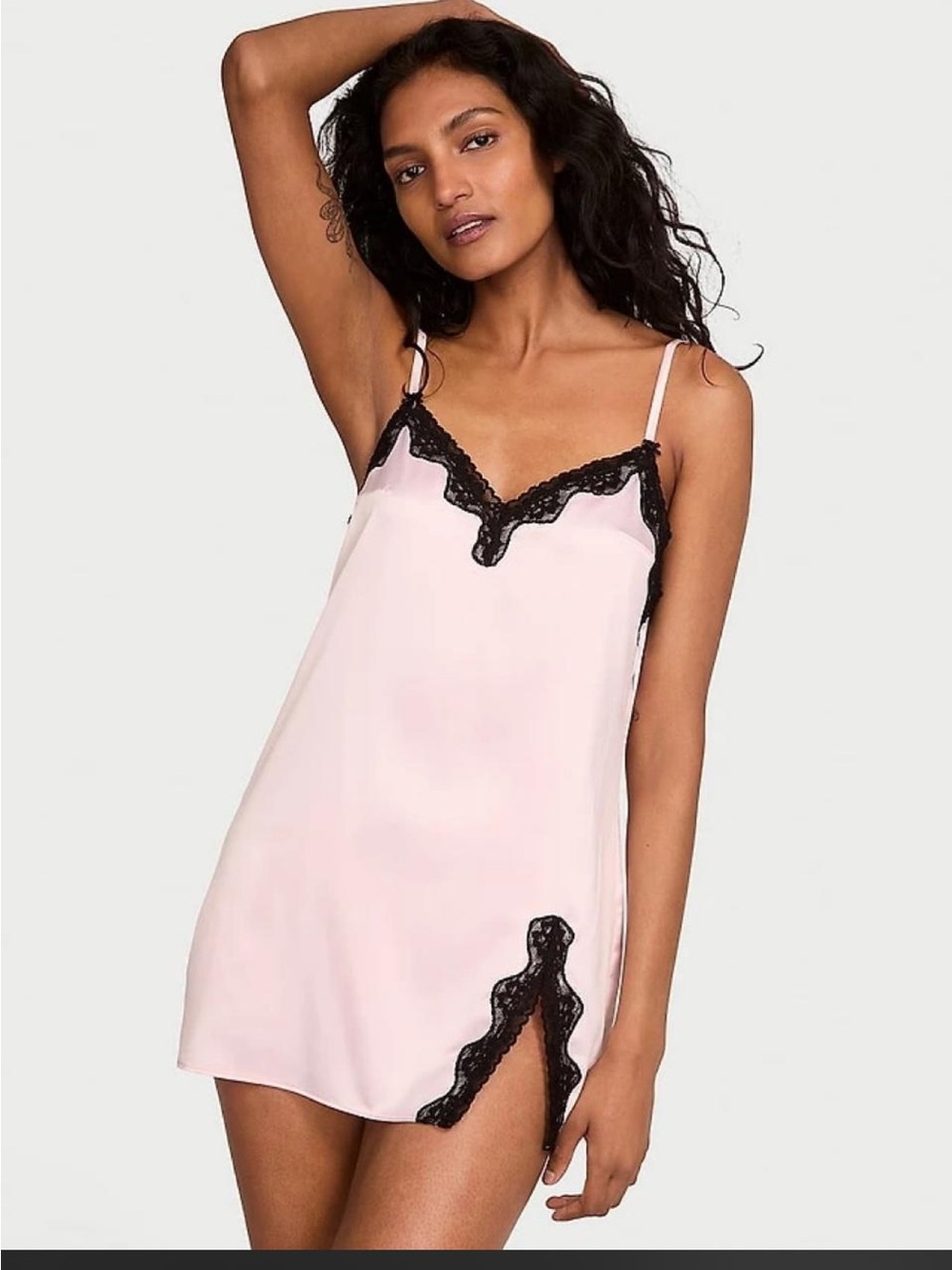 Victoria's Secret Pink Satin Chemise with Black Lace Trim XS